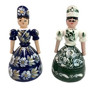Vtg Pair Of Budapest Hungary Handpainted Wooden Doll Trinket Box 5"‎